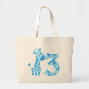 Bolsa Tote Grande Blue Giraffe aniversário de 3 anos