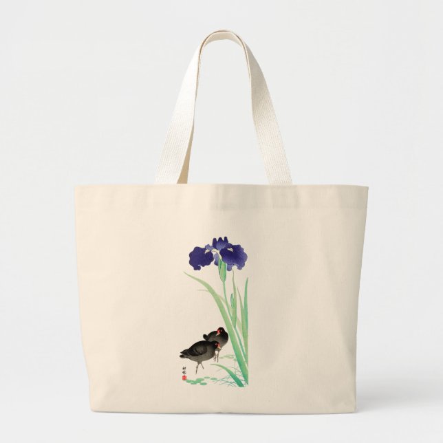 Bolsa Tote Grande Blue Irises e Moorgalinhas por Ohara Koson (Frente)