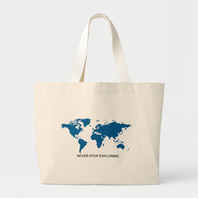 Bolsa Tote Grande Blue Nunca Pára de Explorar o Mapa Mundial (Frente)