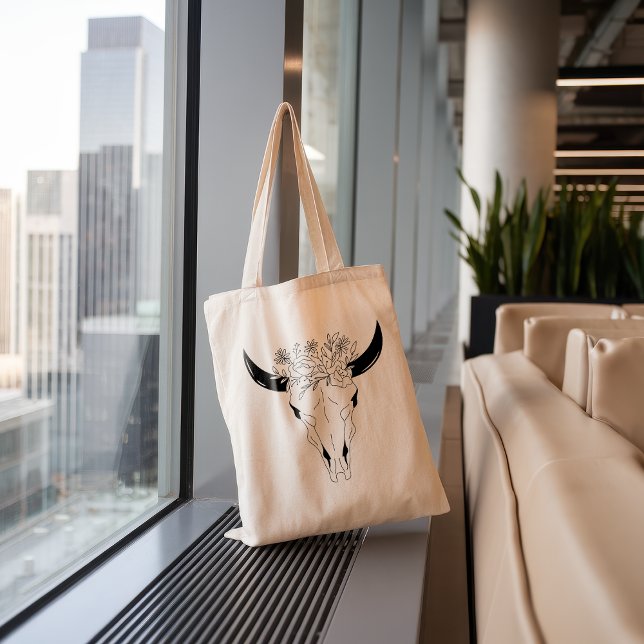 Bolsa Tote Grande Boho Bull Skull Wildflower (Criador carregado)
