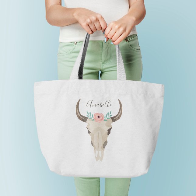 Bolsa Tote Grande Boho Cow Skull (Criador carregado)