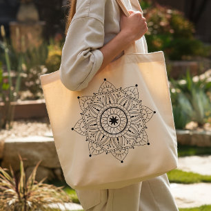 Bolsa Tote Grande Boho Mandala Black Line Art