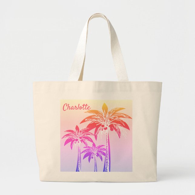 Bolsa Tote Grande Bold Tropical Palm Tree Bright Summer Name (Frente)