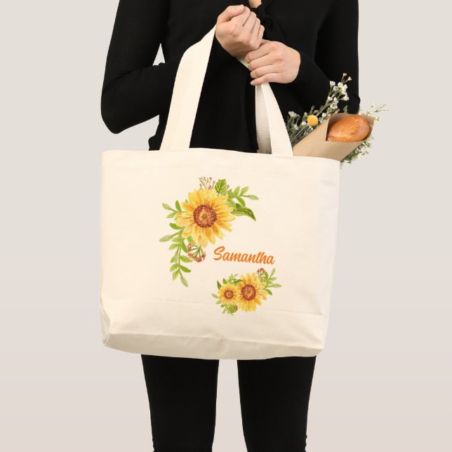 Bolsa Tote Grande Bonito Aquarela Floral Girassol (Frente (produto))