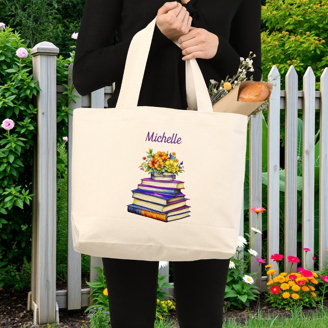 Bolsa Tote Grande Bonito Livros e Flores Personalizados (Criador carregado)