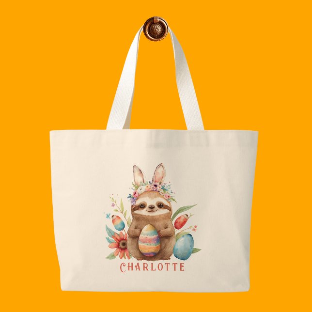 Bolsa Tote Grande Bonito Sloth Páscoa Coelho Ovos Nome (Criador carregado)