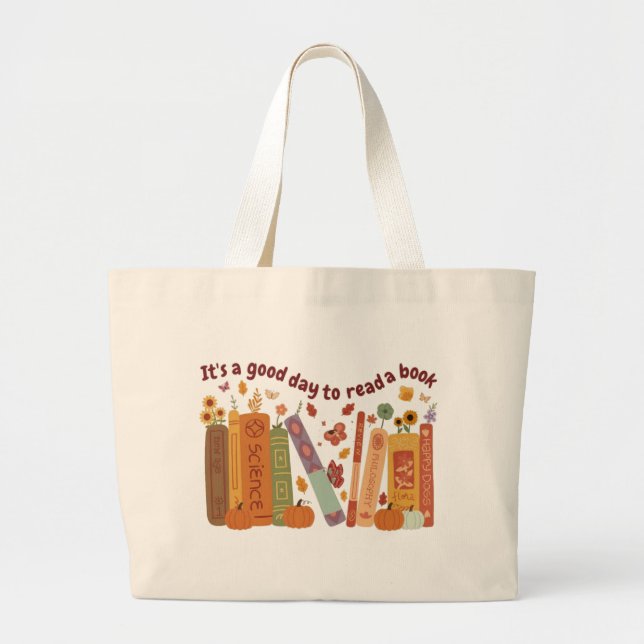 Bolsa Tote Grande Bookish book Lovers, OrangePumpkin and Fall Leaves (Frente)