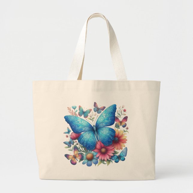 Bolsa Tote Grande Borboleta Azul Floral (Frente)