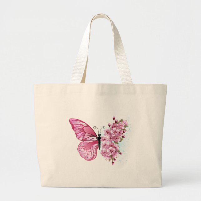 Bolsa Tote Grande Borboleta Flor com Sakura Rosa (Frente)