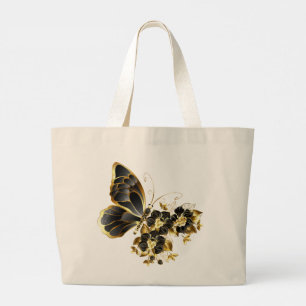 Bolsa Tote Grande Borboleta Flor Dourada com Orquídea Preta
