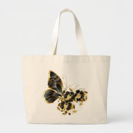 Bolsa Tote Grande Borboleta Flor Dourada com Orquídea Preta