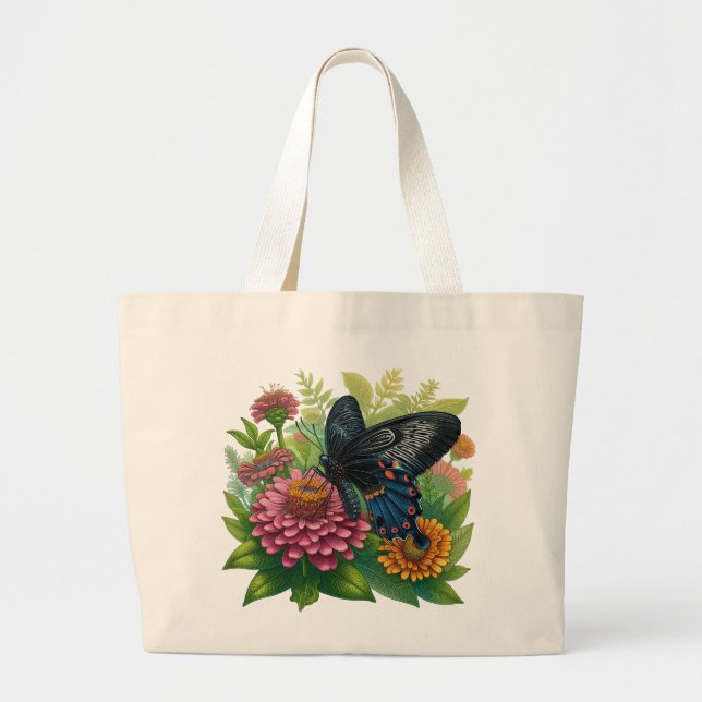 Bolsa Tote Grande Borboleta Negra Salvando Zinônia Rosa Entre Verde (Frente)