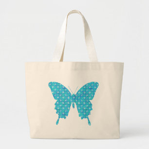 Bolsa Tote Grande Borboleta, padrão em azul, turquesa, branco