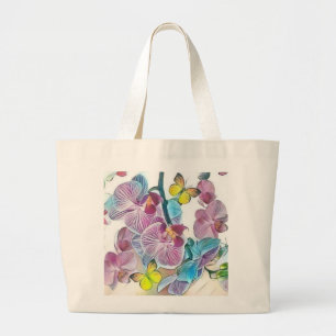 Bolsa Tote Grande Borboletas de flores de orquídeas coloridas cor-de