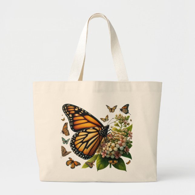 Bolsa Tote Grande Borboletas de Monarca salvando peias de flores (Frente)