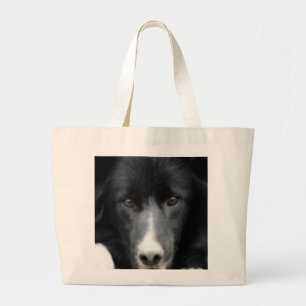 Bolsa Tote Grande Border collie preto enfrenta a sacola do cão