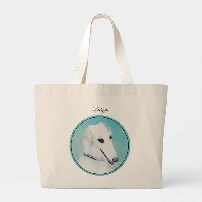 Bolsa Tote Grande Borzoi White Painting Russo Wolfhound Art (Verso)