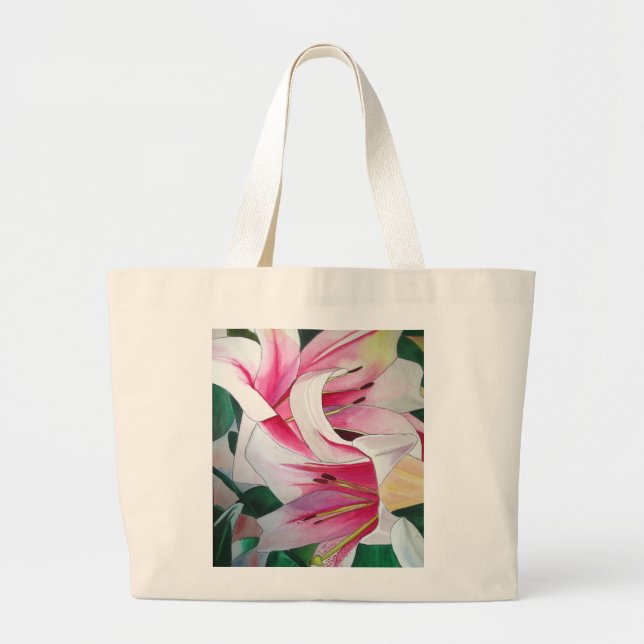 Bolsa Tote Grande Branca e cor-de-rosa, flor líbia (Frente)