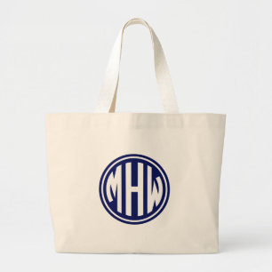 Bolsa Tote Grande Branco Azul 3 Inicial num Círculo Monograma DIY BG