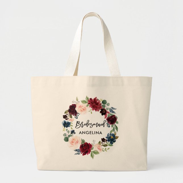 Bolsa Tote Grande Bridesmaid Burgundy Blue Floral (Frente)