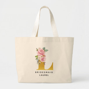 Bolsa Tote Grande Bridesmaid Floral Rosa Dourado Monograma - Letra L