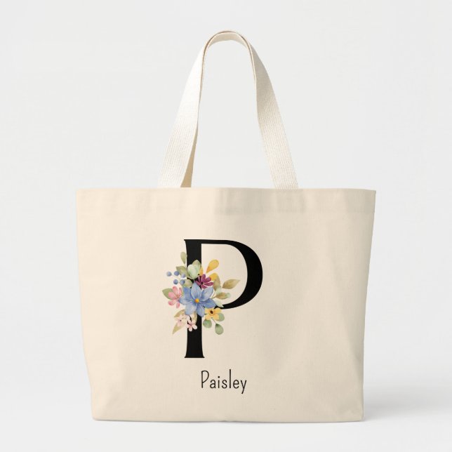 Bolsa Tote Grande Bridesmaid Gift Wild Flower Alphabet P Tote Bag (Frente)