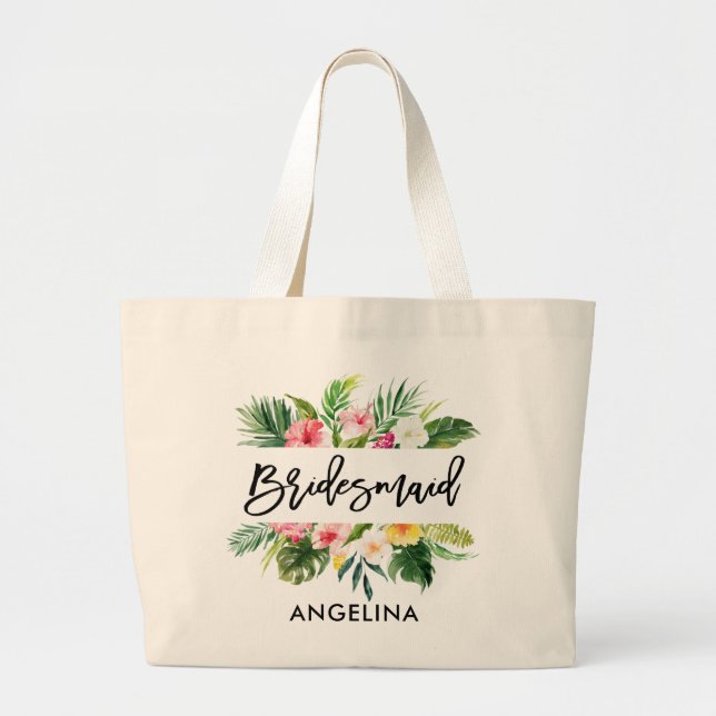 Bolsa Tote Grande Bridesmaid Tropical de Script de Pincel Moderno (Frente)