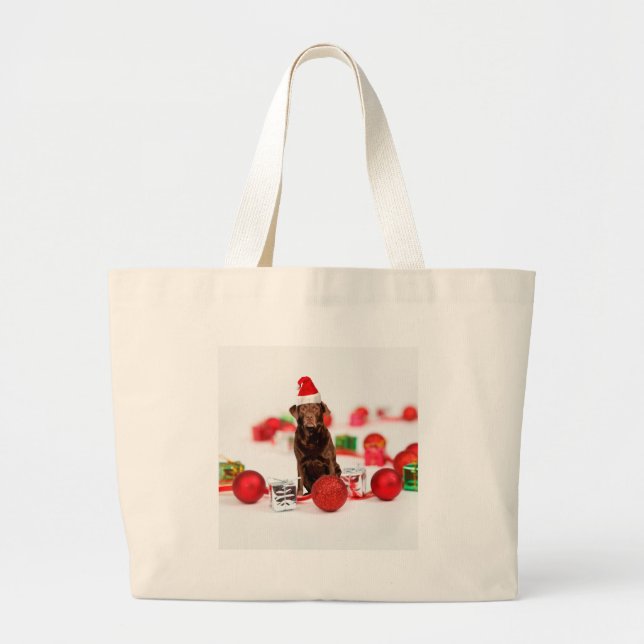 Bolsa Tote Grande Brown Labrador Cachorro Natal w presentes Papai No (Frente)