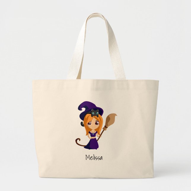 Bolsa Tote Grande Bruxa Bonita no Halloween do Chapéu Roxo (Frente)