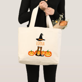 Bolsa Tote Grande Bruxa de Halloween Pernas & Abóbora