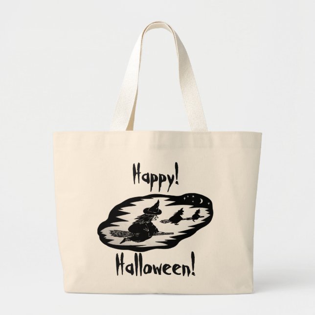 Bolsa Tote Grande bruxas voadoras assustadoras sobre varapau hallowe (Frente)