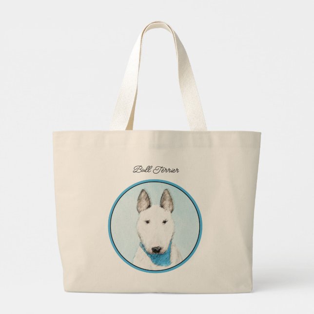 Bolsa Tote Grande Bull Terrier pintando uma pintura branca em inglês (Verso)