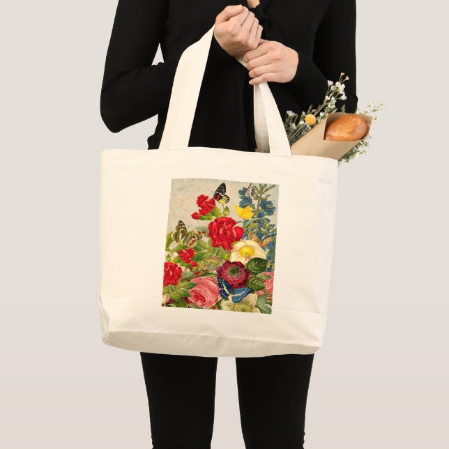 Bolsa Tote Grande Buquê de Flores Antigas com Borboletas (Frente (produto))