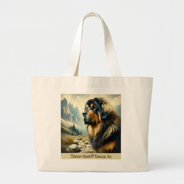 BOLSA TOTE GRANDE CABEÇA MASTIFF TIBETANA COM MONTANHAS TOTE BAG (Frente)