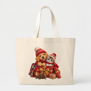 Bolsa Tote Grande Cachorrinho e Gatinho Festivo no Inverno Mágico