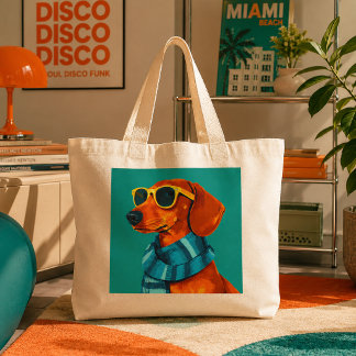 Bolsa Tote Grande Cachorro Dachshund Legal Usando Cachecol e Óculos 
