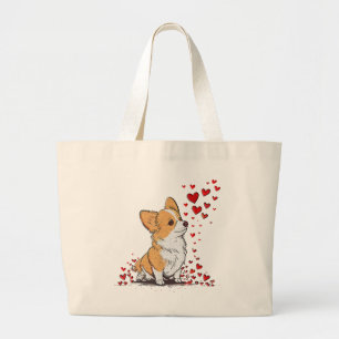 Bolsa Tote Grande Cachorro Dia dos Namorados Corgi Fofo Dia dos Namo