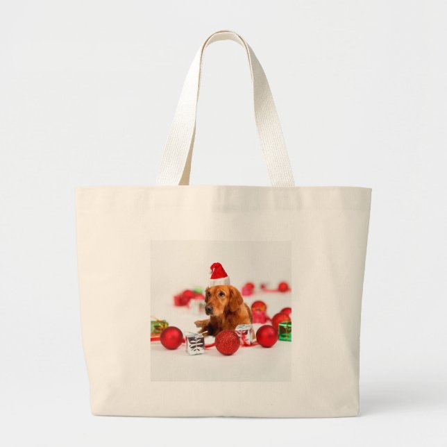 Bolsa Tote Grande Cachorro do ouro W Red Santa Hat Natal (Frente)