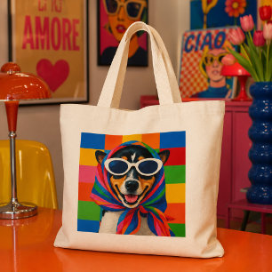 Bolsa Tote Grande Cachorro Feliz com Lenço Babushka Arco-Íris em Pop