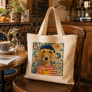 Bolsa Tote Grande Cachorro Francês Legal Bebendo Café Usando Boina