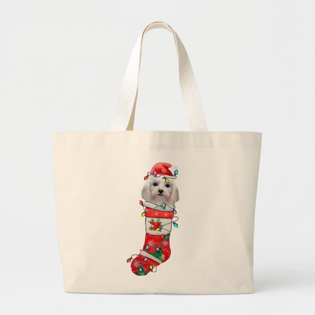 Bolsa Tote Grande Cachorro Maltês giro Natal, Xmas Cachorro Maltês (Frente)