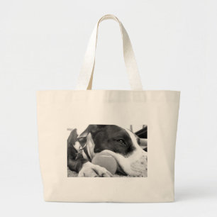 Bolsa Tote Grande cachorro pitbull fofo e triste, preto e branco com