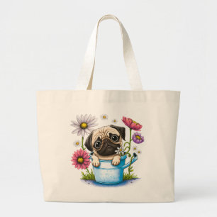 Bolsa Tote Grande Cachorro Pug Fofo Margaridas Floral Pug Cartoon