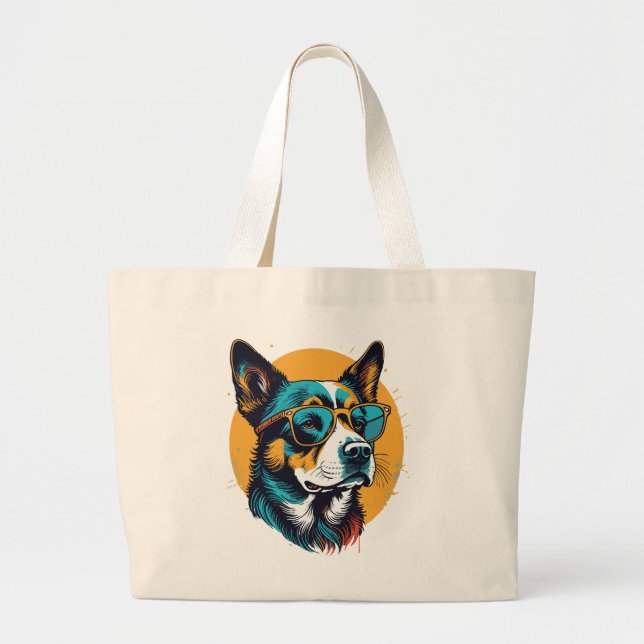 Bolsa Tote Grande Cachorro retrô usando óculos de sol (Frente)