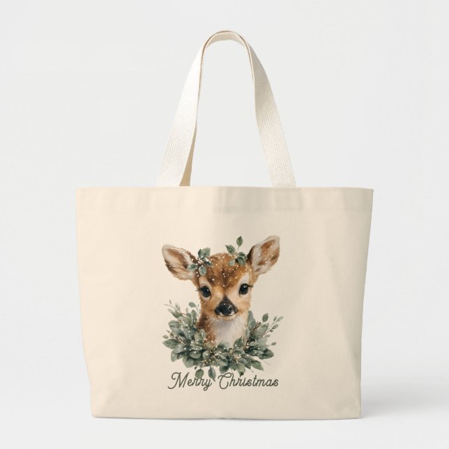 Bolsa Tote Grande Cachorro Velho Feliz Natal - Vassoura Aquarela (Frente)