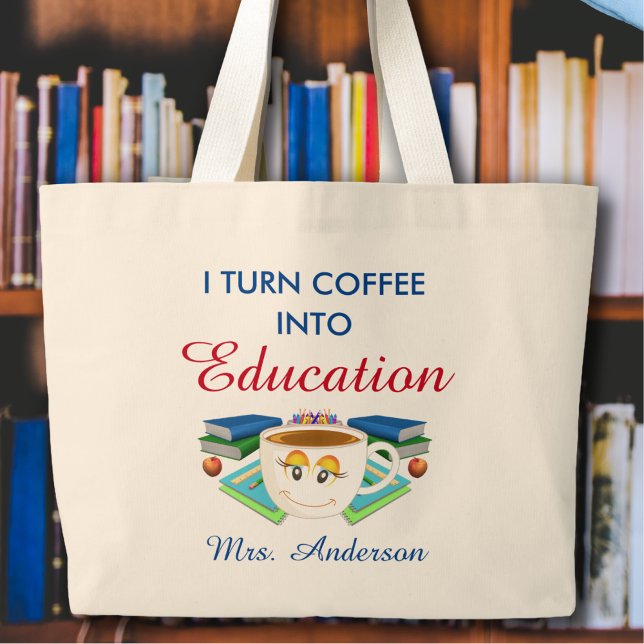 Bolsa Tote Grande Café De Professora Moderno Para A Educação Azul (Criador carregado)