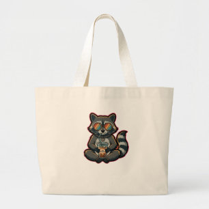 Bolsa Tote Grande Camiseta Guaxinim Legal Bebendo Café Gelado com Le
