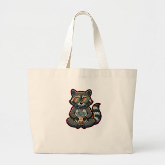 Bolsa Tote Grande Camiseta Guaxinim Legal Bebendo Café Gelado com Le