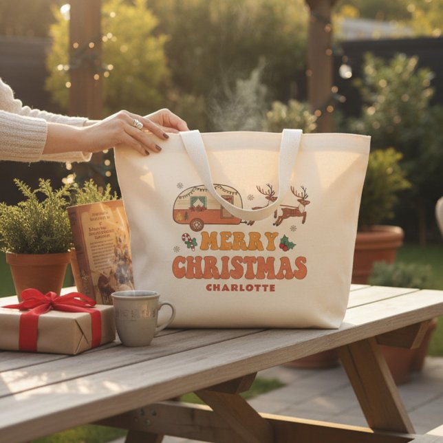 Bolsa Tote Grande Camping Merry Christmas Reindeer Nome Personalizad (Criador carregado)