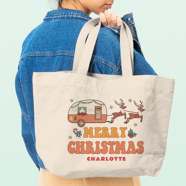 Bolsa Tote Grande Camping Merry Christmas Reindeer Nome Personalizad (Criador carregado)